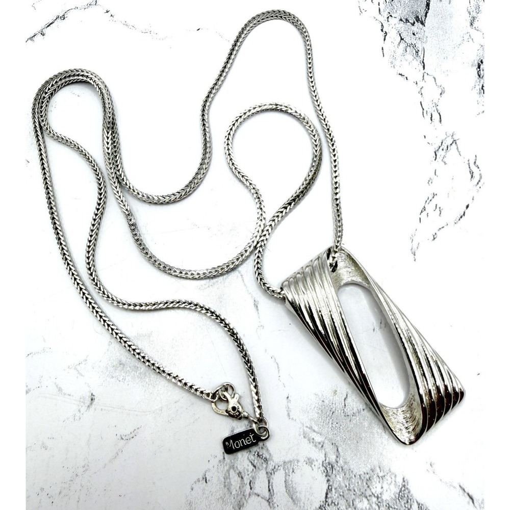 Monet Silver Pendant Necklace Modernist Long Chain Signed 26" - Picture 3 of 8